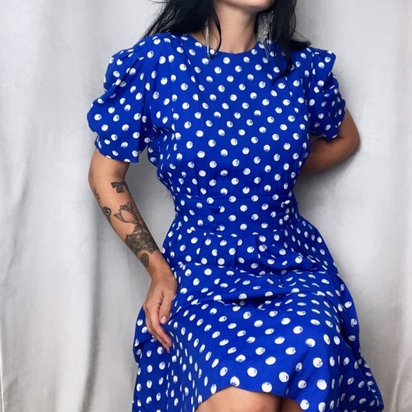 Vintage Dresses & Skirts - 70s KARIN STEVEN BLUE POLKA DOT PRAIRIE DRESS